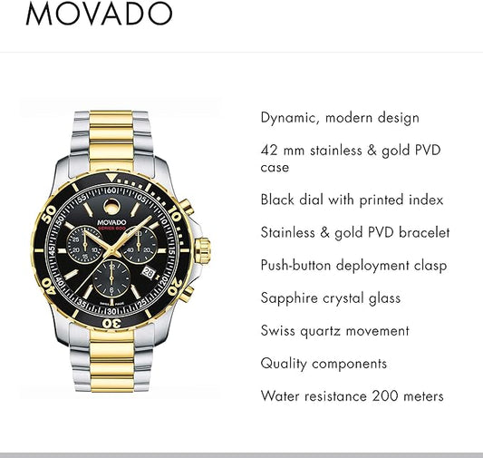 Movado Series 800 Men's Watch - Swiss Quartz Chronograph Movement, Stainless Steel Link Bracelet - 20 ATM Water Resistance - Luxury Fashion Timepiece for Him - 42mm
